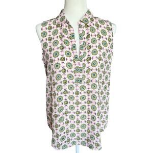 LOFT Pink Collared Sleeveless Blouse Women's Size S Retro Graphic Pattern Twee